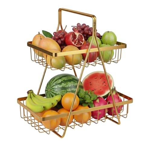 Image of 2 Tier Metal Fruit and Vegetables Basket with Handle | Fruit Vegetables Snacks and Bread Organizer for Kitchen, Dining Table, Livingroom | Bathroom Countertop Stand (Design 2 - Gold)
