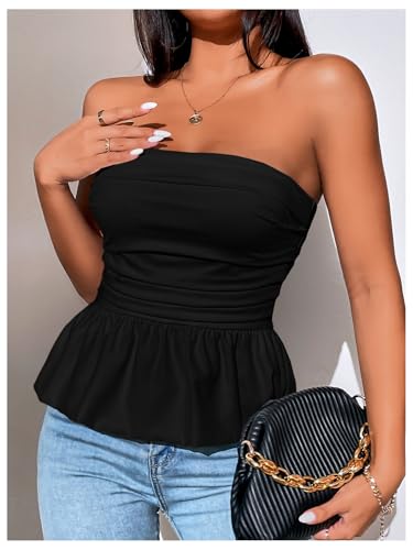 WDIRARA Women's Strapless Ruffle Hem Tube Top Ruched Sleeveless Bandeau Peplum Tops3