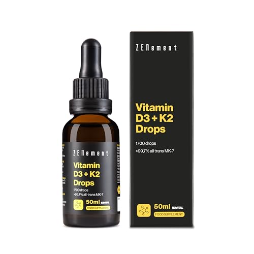 Vitamin D3 + K2 Drops - Premium Ingredients K2VITAL® MK-7 All-Trans 99.7% and Natural D3 from Lanolin - for Bones and Immune System - 1700 Drops (50ml) - Zenement
