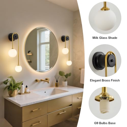 Image of Globe Wall Sconce, Double Hanging Ball Sconce, Modern Indoor Sconces | Gold Double Globe wall Sconce with Milk Glass Shades, Hardwired Indoor ball Sconce for Bedroom Bathroom Living Room Hallway