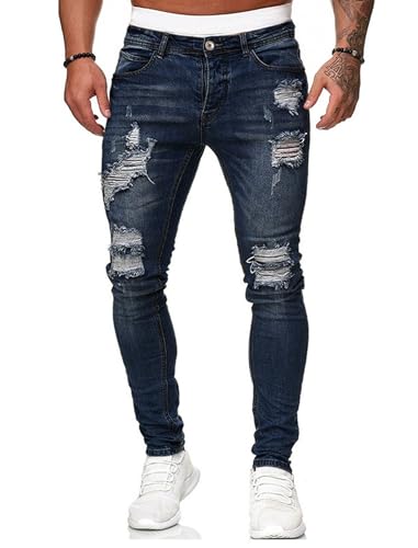 HUNGSON Men's Blue Slim Fit Jeans Stretch Destroyed Ripped Skinny Jeans Side Striped Denim Pants