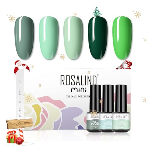 ROSALIND Esmalte Semipermanente de Uñas en Gel UV LED,5 pcs de Pintauñas Semipermanentes Verde Mini Esmalte de uñas en Gel Set