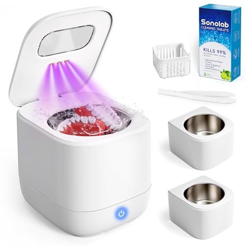 Sonolab Ultrasonic Retainer Cleaner Machine with 2 Removable/Replaceable Tanks, 45kHz Sonic Dental Cleaning Pod, 240ml Large Capacity Ultrasonic UV Cleaner for Dentures, Aligners, Mouth Guards