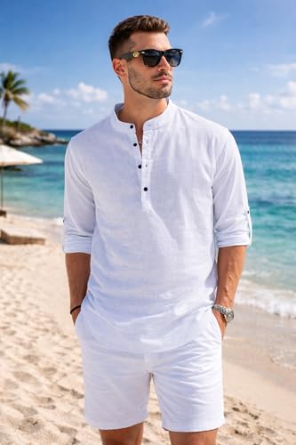 Image of Men's Cotton Blend Straight Kurta Shirt Combo with Mandarin Collar - Slim Fit Casual Short Kurti Set Featuring Textured Slub Fabric and Roll-Up Full Sleeves
