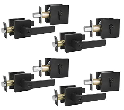 Probrico Square Keyed Entry Levers and Single Cylinder Deadbolts Combo Pack, Flat Black Heavy Duty Entrance Locksets for Office Bedroom and Front Door, 4 Pack Keyed Alike(All Same Keys)