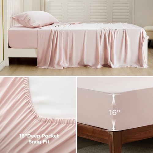 Image of Bedsure Cooling Sheets Twin, Rayon Derived from Bamboo, PureWoven, Breathable & Soft Twin Sheets Set, Deep Pocket Up to 16 Inches, Hotel Luxury Silky Bedding for Hot Sleepers, Pink