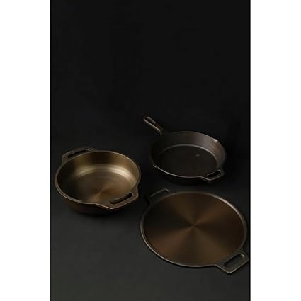 80's Cookware Natural Non Stick Pre-Seasoned Cast Iron Kitchen Cooking Utensils Combo Pack, Toxin-Free, No Chemical (Flat Bottom Kadai + Dosa Tawa + Skillet)