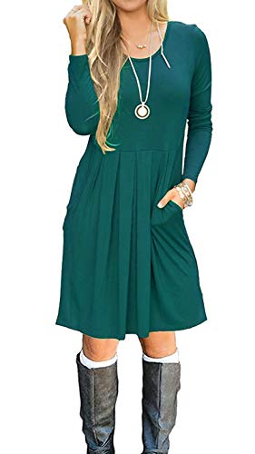 AUSELILY Women s Long Sleeve Pleated Loose Swing Casual Dress with Pockets Knee Length (L, Dark Green)