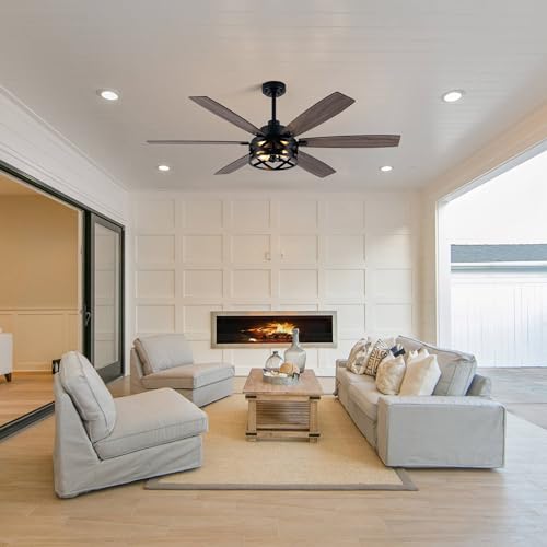 Image of Dawn Whisper 60 Inch Farmhouse Ceiling Fans with Lights and Remote Large Black Caged Rustic Chandelier Ceiling Fan for Bedroom Living Room Quiet and Reversible DC Motor 6 Speeds