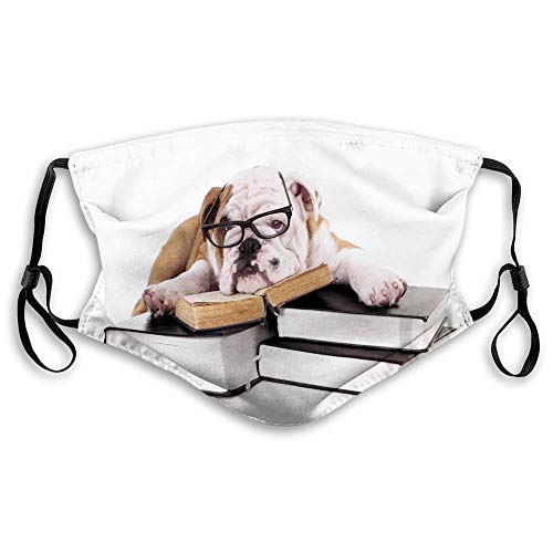 Comfortable Printed mask,English Bulldog, Pure Breed Bulldog with Glasses and Books Hardworking Animal, Black Pale Brown White,Windproof Facial decorations for Adults Size?M