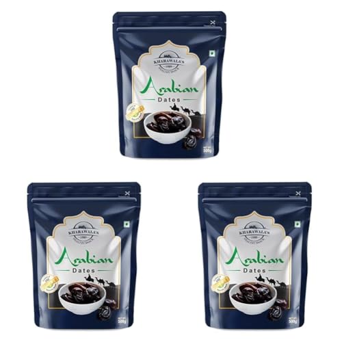 Image of KHARAWALA's ; HEALTHY SNACK Fresh Arabian Dates, Preservatives Free Khajoor, Rich In Iron & Literary Fiber, 500Gm (Pack of 3)