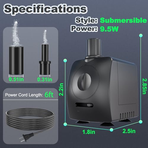 SongLong Submersible Pump 130GPH Ultra Quiet 4ft High Lift for Fountains, Hydroponics, Ponds, Aquariums & More……
