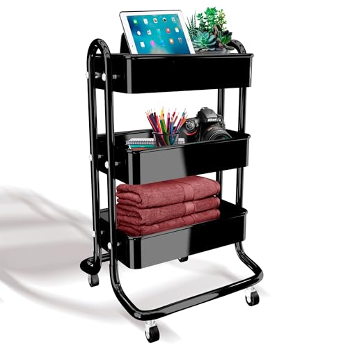 Image of Generic Zenithmarket Rolling Carts with Wheels, 3-Tier Slim Design, Metal Frame, Plastic Trays, Black Kitchen Cart for Groceries, Bathrooms, and Office Supplies, ZJ-7006