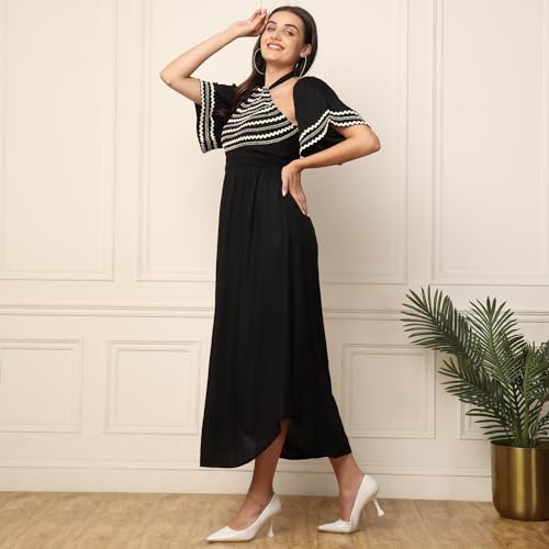 Image of DEEBACO Solid Rayon A-Line Slit Dress for Women's|Off Shoulder Short Bell Sleeve Maxi Dress with Pockets|Summer Western Party Casual Wear Dress for Ladies