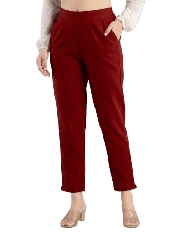 Image of Solid Cotton Woman Trousers Pants Regular Fit Kurti Pant with Drawstring Daily Office Formal Casual Use