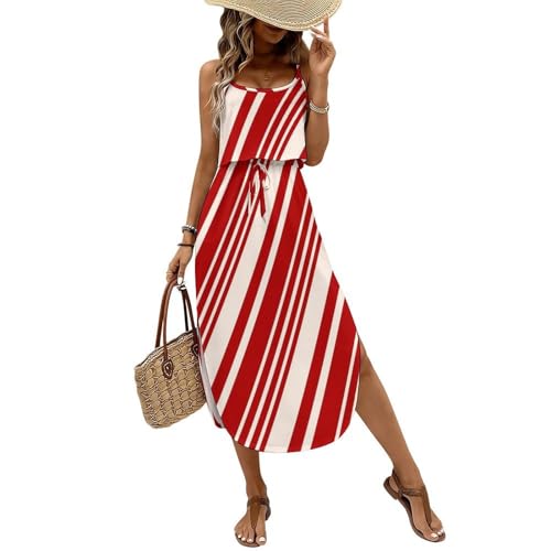 QANCOSI Christmas Candy Canes Womens Dress Spaghetti Strap Side Slit Dress Summer Casual Holiday Beach Dresses S