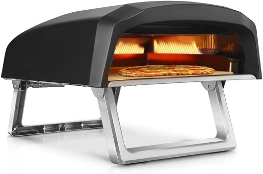 NutriChef Portable Outdoor Gas Pizza Oven - Includes Foldable Feet, Adjustable Heat Control Dial, Burner, Stone & Regulator Hose - Cooks 12 Pizza in 60 Seconds - 25.24'' x 16.14'' x 12.40'' IN