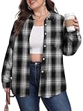 OLRIK Flannel Shirt Women Plus Size Soft Collared Plaid Flannel Shirt Relaxed Fit for Home Office Outings Black Plaid-3X