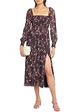 ZAFUL Vestido de cuello cuadrado para mujer con abertura fruncida de cintura alta y manga abullonada casual con hombros descubiertos, Floral morado profundo, Large