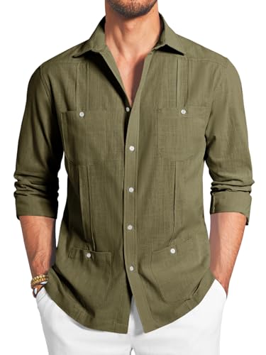 Makkrom Mens Guayabera Linen Shirts Long Sleeve Button Down Cuban Casual Summer Beach Shirt Tops Army Green