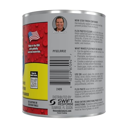 Image of Flex Paste, Waterproof Paintable Putty, Spackle Sealant, Fill Gaps Cracks Holes - Block Out Water and Air - UV Resistant - Walls, Drywall, EPDM, Concrete, Roof, RV Repairs, Clear, Quart