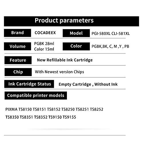 COCADEEX 580XXL Ink Refill Kits Replacement for PGI-580XXL CLI-581XXL, for Pixma TS8100 TS8120 TS8200 TS8220 TS8300 TS8320 TS9100 TS9120 Printer (PGBK BK C M Y PB)