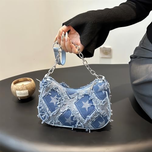 Denim Shoulder Bag for Women, Retro Checkered or Star Pattern Underarm Purse Vintage 90s Y2K Small Handbag Teen Girls3