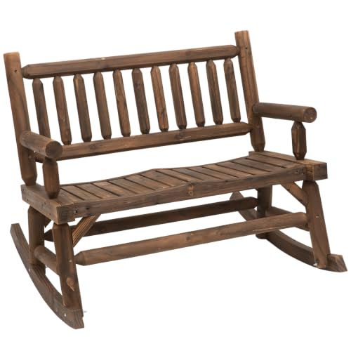Outsunny 2-Person Wood Rocking Chair Heavy Duty Loveseat Walnut | Log Design, Wide Curved Seats, for Patio, Backyard, Garden