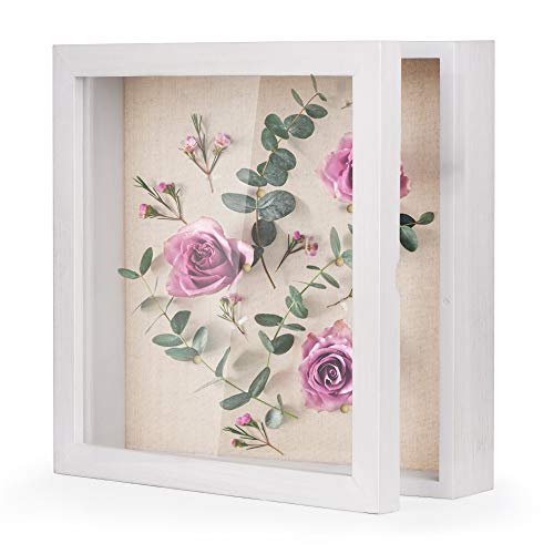 Love-KANKEI 11x11 Shadow Box Frame, with Linen Rustic Wood Memory Box for Memorabilia Bouquet Medaillen, White Cover