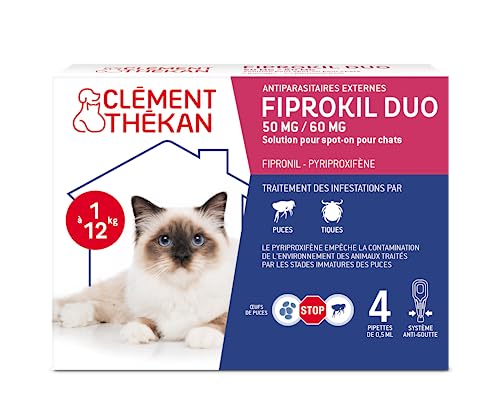 Clément Thékan - Anti-puces et Anti-tiques pour Chats - Protection 2 en 1 : Protège Votre Chat et Son Environnement - Actif Contre Les œufs de puces - 4 pipettes Fiprokil Duo (50mg/60mg)