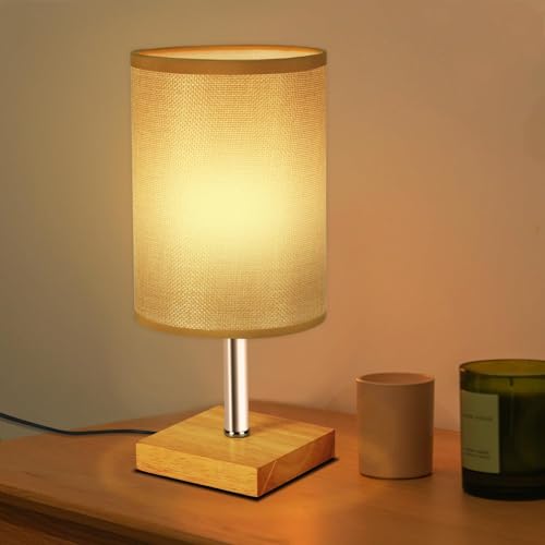 SurezoTich Bedside Lamp, Warm Light Small Table Lamp, USB Bedside Table Lamps, Wooden Base Linen Fabric Shade, for Bedroom Kids Room Living Room Nightstand Home Office, On-Off Switch