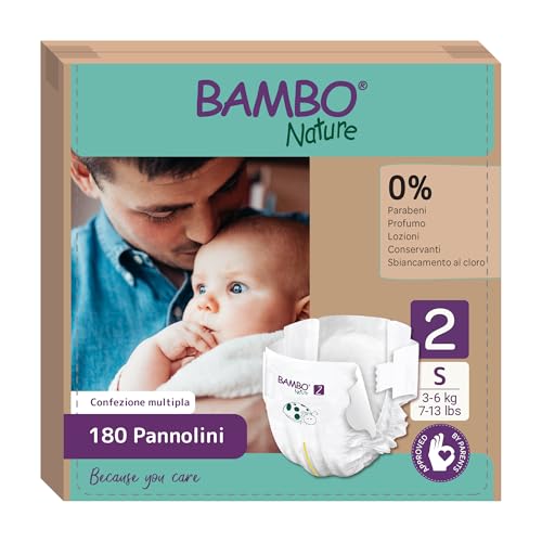Bambo Nature Pannolini per bambini Taglia 2 (3-6kg) 180 pz. Scatola mensile | Pannolini premium con una migliore protezione dalle perdite | Massimo comfort per i neonati | Dermatologicamente testati
