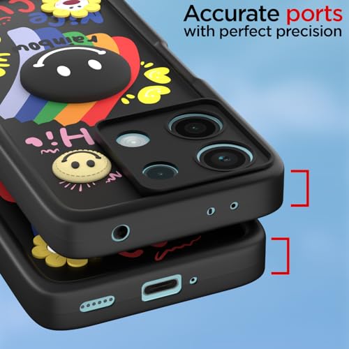 Image of Pikkme Back Cover for Redmi Note 13 5G | Soft Silicone| Cute Rainbow Smile & 3D Cartoon Flower Design | Shockproof Raised Camera Protection Bumper Case (Black)