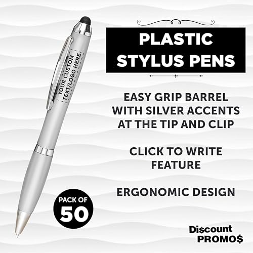 DISCOUNT PROMOS Custom Plastic Stylus Pens Set of 50, Personalized Bulk Pack - Black Ink, Great for Office, School, Business, Tradeshows, Events - Silver - Thumbnail 3