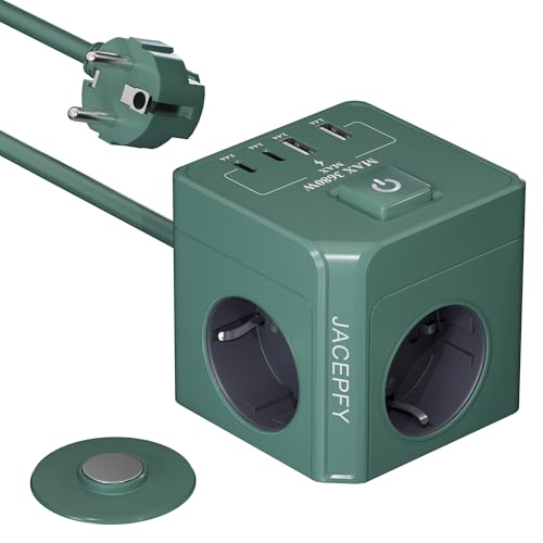 JACEPFY 7-IN-1 - Regleta de 3 enchufes con interruptor y cable de 2 m, para oficina, casa, viajes, color verde