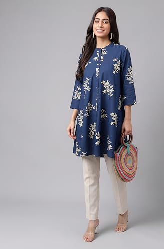 Image of Janasya Women's Pure Cotton Floral Printed Flared Tunic