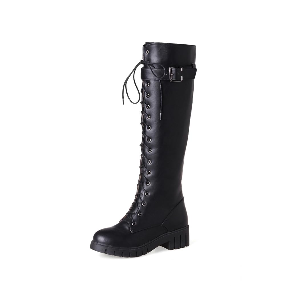 Ladies Leather Knee High Boots Mid Calf Low Block Heel Biker Punk Military Combat Boots Shoes
