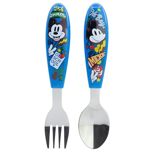 STOR Set 2 Couverts Enfant Mickey Mouse Acier Inoxydable Fourchette et Cuillère avec Manche Décoré Sans BPA pour Enfants