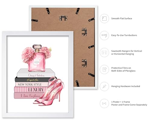 Image of Poster Master Fashion Print - Pink Designer Poster - Shoes & Perfume Art - Chic Gift for Her & Fashionista - Luxury Haute Couture Decor for Bedroom or Girl's Room - 8x10 White Framed