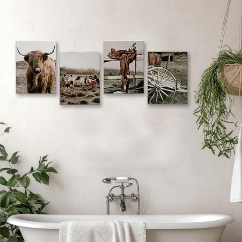 Image of Vintage Farm Cow Farmhouse Decor Cow Prints Canvas Wall Art Prints Pictures Wall Decor for Home Bedroom Kitchen Bathroom Rustic Western Country Birthday Housewarming Gifts 4PCS,Framed,8x10IN