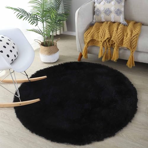 AROMICK Soft Modern Shaggy Area Rugs Fluffy Round Carpet Comfy Bedroom Home Decorate Floor Kids Playing Mat Size (4x4 Feet, Black)