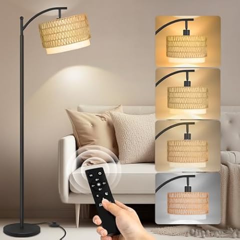 PESRAE Boho Farmhouse Rattan Floor Lamps for Living Room with Remote Control Stepless Dimmable Bulb,Standing Floor Lamp with 360°Adjustable Rattan Lampshade for Living Room, Bedroom,Office Cover