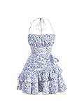 GORGLITTER Women's Floral Print Halter Neck Ruffle Mini Dress Sleeveless Flowy Beach Vacation Cami Dresses Blue and White S