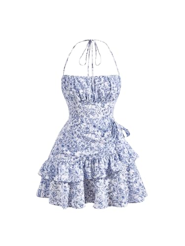 Image of GORGLITTER Women's Floral Print Halter Neck Ruffle Mini Dress Sleeveless Flowy Beach Vacation Cami Dresses Blue and White XS