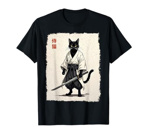 Gato Samurai Negro Guerrero Japonés Arte Anime Retro Vintage Camiseta