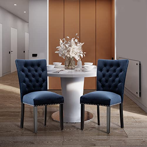 Loulens Upholstered Velvet Dining Chair,Modern Leisure Fashionable Kitchen Room Chairs With Copper Nailheads Trim,Solid Wood Living Room Chairs,Set Of 2,Dark Blue #TOP5