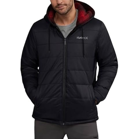 Hurley Men's Reversible Puffer Jacket - Quilted Nylon to Plaid Fleece Puffer Jacket - Insulated Winter Jackets for Men (S-XL), Size Medium, Black Cover