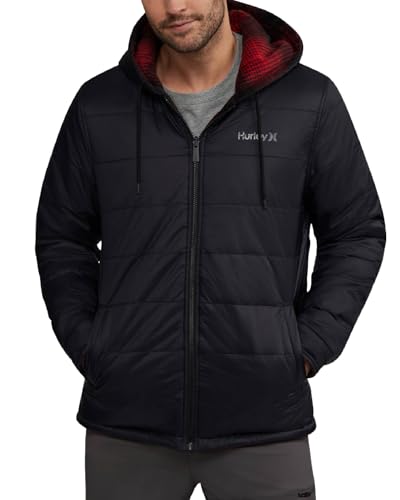 Hurley Men's Reversible Puffer Jacket - Quilted Nylon to Plaid Fleece Puffer Jacket - Insulated Winter Jackets for Men (S-XL), Size Medium, Black