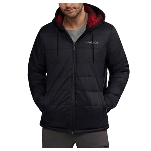 Hurley Men's Reversible Puffer Jacket - Quilted Nylon to Plaid Fleece Puffer Jacket - Insulated Winter Jackets for Men (S-XL), Size Medium, Black