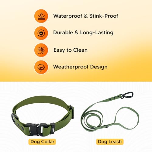 Image of Adil'S Waterproof Leash and Collar Combo Set - Adjustable & Breathable Biothane Collar with Leash Suitable for Medium & Large Size Dogs (Lease 5Ft),Army Green, M